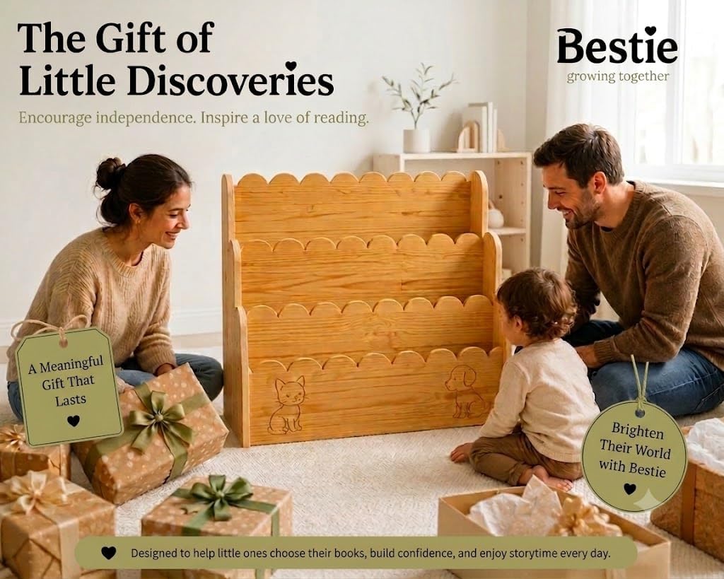 Scalloped Bookshelf 4-Tier-Montessori Kids Bookshelf-Wooden Nursery Book Display Organizer for Toddlers-Front Facing Bookcase for Playroom, Classroom and Kids Room- Bestie