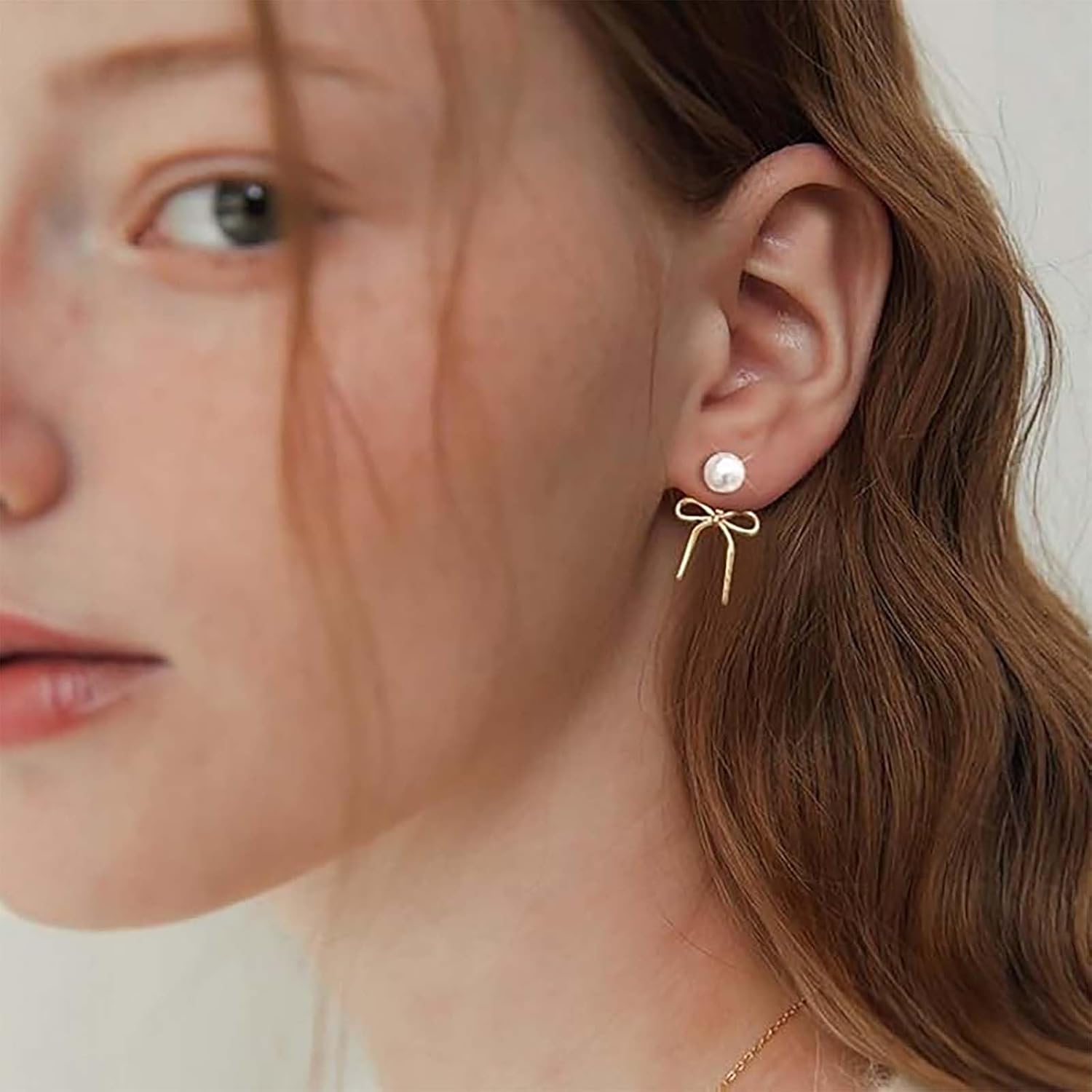 Boho Pearl Ear Jacket Earrings Ribbon Pearl Earrings Gold Stud Bow Earring Hollow Bowknot Stud Front Back Bow Earring Bridal Wedding Jewelry for Women - Image 5
