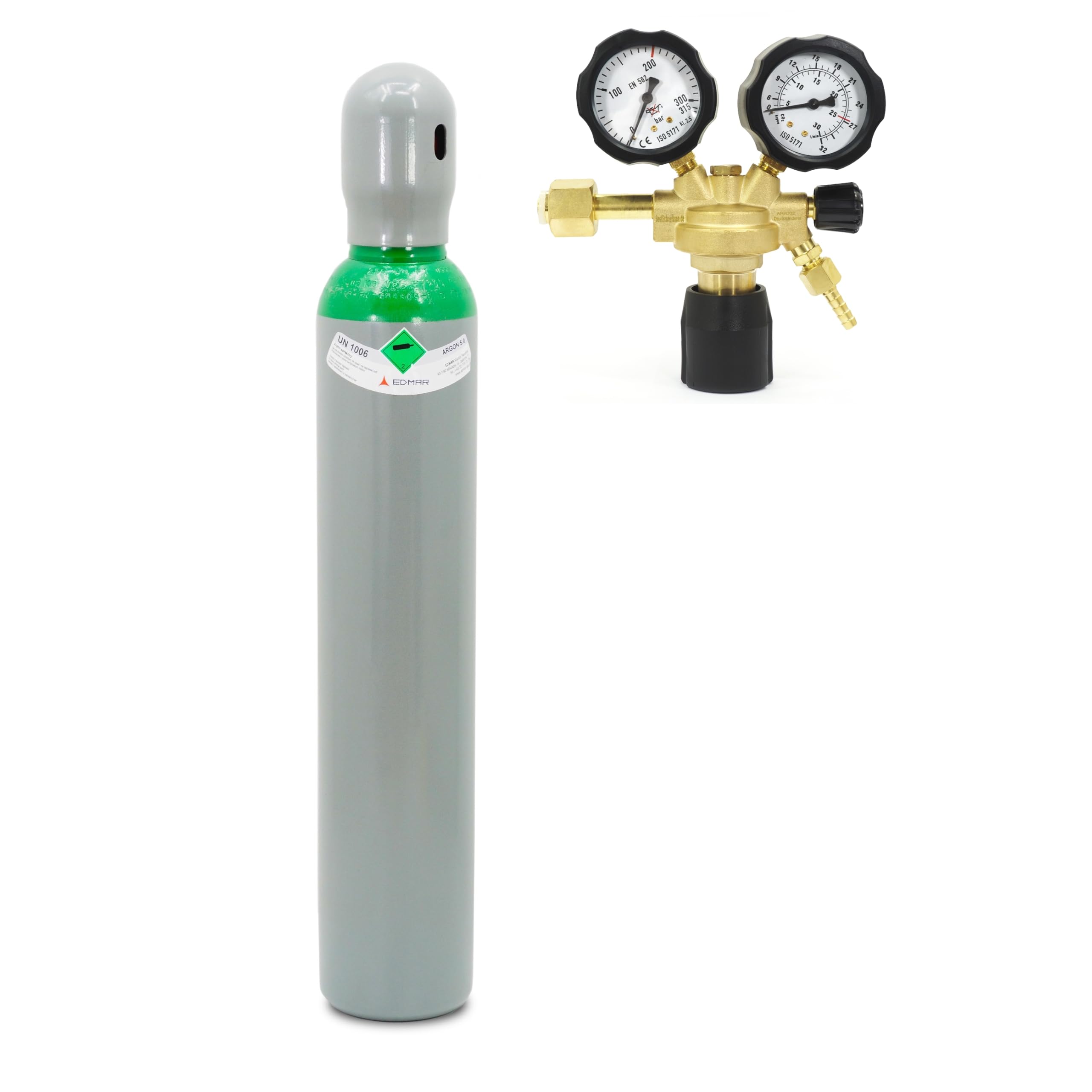 Bombona de gas Argon 5.0 8L 200 Bar con regulador de presión Bestschweissen.de Ar/CO2-10 – Juego de gas de soldadura de alta calidad para soldadura TIG segura