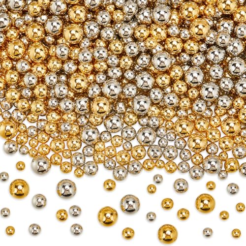 SUNNYCLUE 1200Pcs No Hole Plastic Beads Vase Filler Bead Bulk Golden Silver Highlight Round Art Faux Imitation Makeup Pearl Loose Small Bead for Fillers Decorations Jewellery Making Nail DIY Crafts