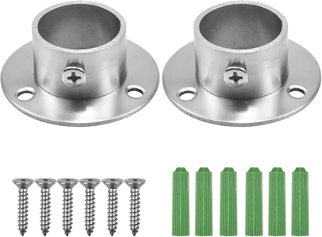 HQdeal 2 Pack Stainless Steel Closet Pole Sockets, Heavy Duty Closet Rod End Supports Round Shaped Flange Rod Holder with Screws for Wardrobe Bracket Shower Curtain Rod Flange Socket Kit (25mm)