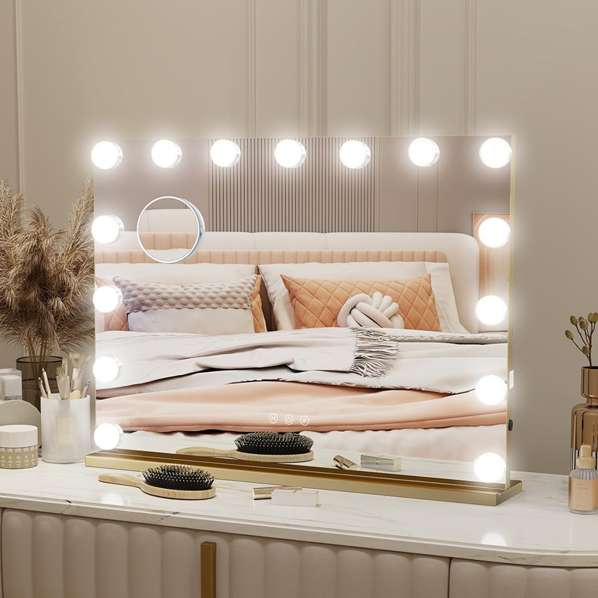 YU YUSING Hollywood Makeup Mirror, 58×46cm Large Lighted Vanity Mirror, Tabletop or Wall-Mounted, with 15 Dimmable Bulbs, 3 Color Modes, Touch Control, 10X Magnifier, USB Output Port, Gold
