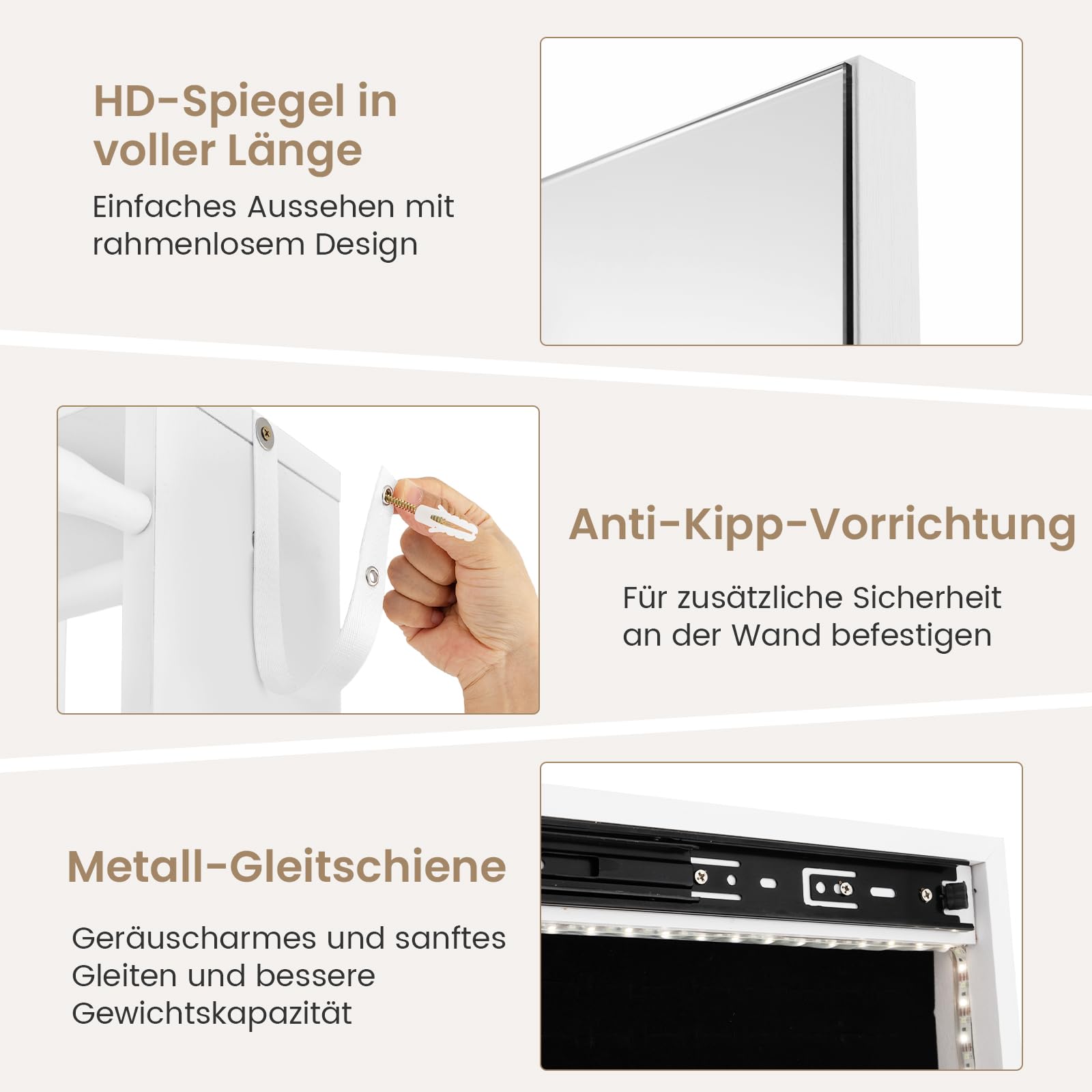 COSTWAY Schmuckschrank mit Spiegel, freistehender Spiegelschrank 360°drehbar mit LED-Leuchten, Schmuck-Organizer Schmuckaufbewahrung für Schmuck & Kosmetik