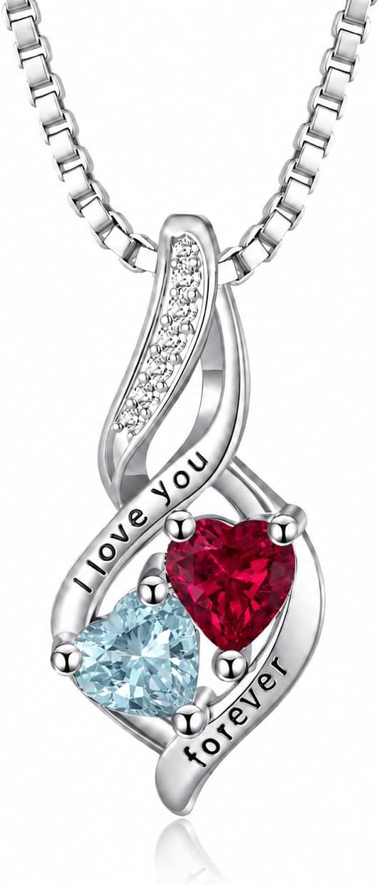 Double Birthstone Necklace 18K White Gold Love Gift for Women