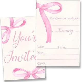 Pink Bow Birthday Party Invitations, Birthday Invitations Girl (20 Cards with Envelopes) Double Sided Design