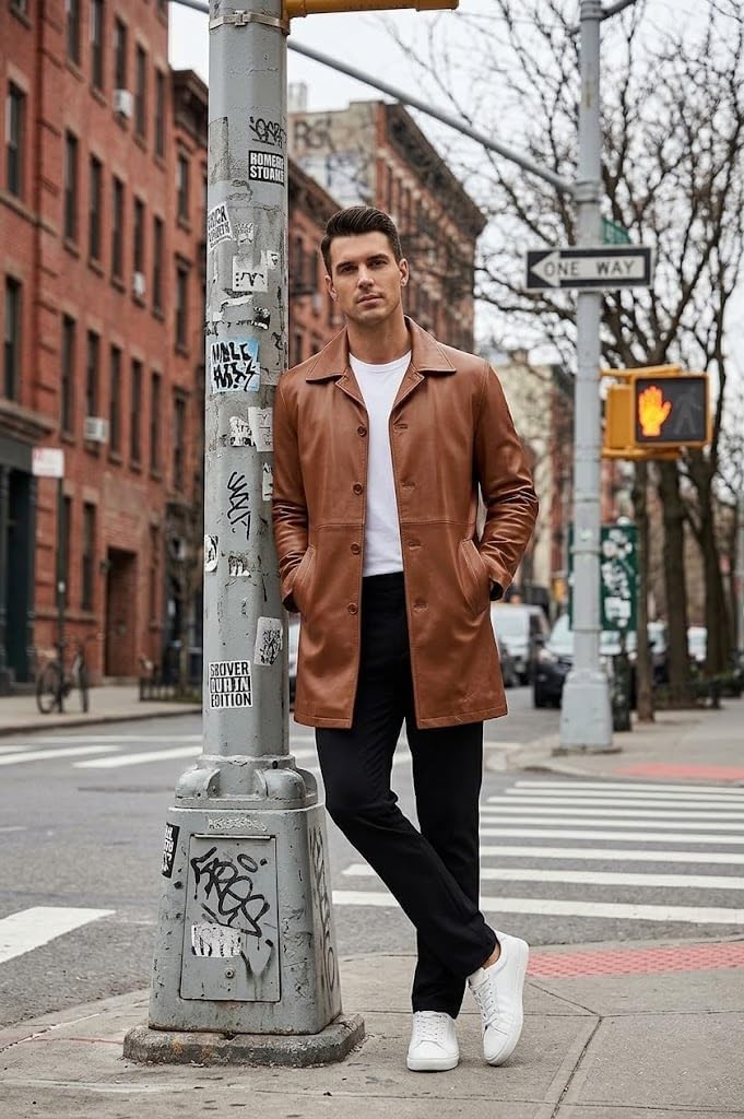 Brown 3/4 Length Winter Coats For Mens Casual Fashion Button Up Car Coat Style Lambskin Leather Long Jacket