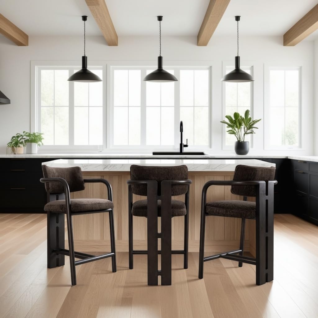 Armen Living Aaliyah Espresso Solid Wood Upholstered 26" Counter Height Barstool with Brindle Brown Seat - Set of 3