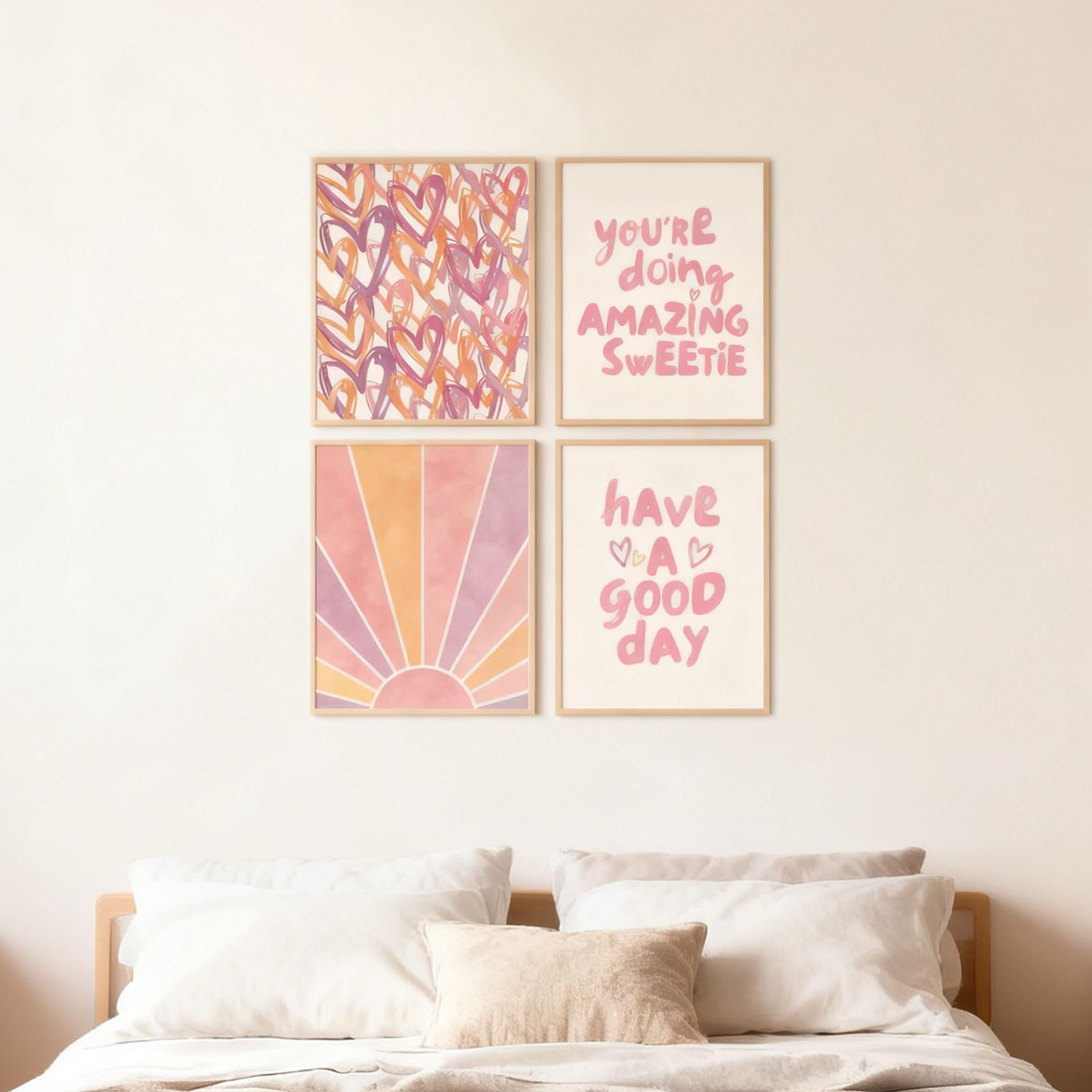 Shuqio Set di 4 quadri da parete rosa estetici, motivo fiocco e cuore con citazioni ispiratrici, decorazione per la casa chic per soggiorno e camera da letto, senza cornice, dimensioni 30 x 40 cm