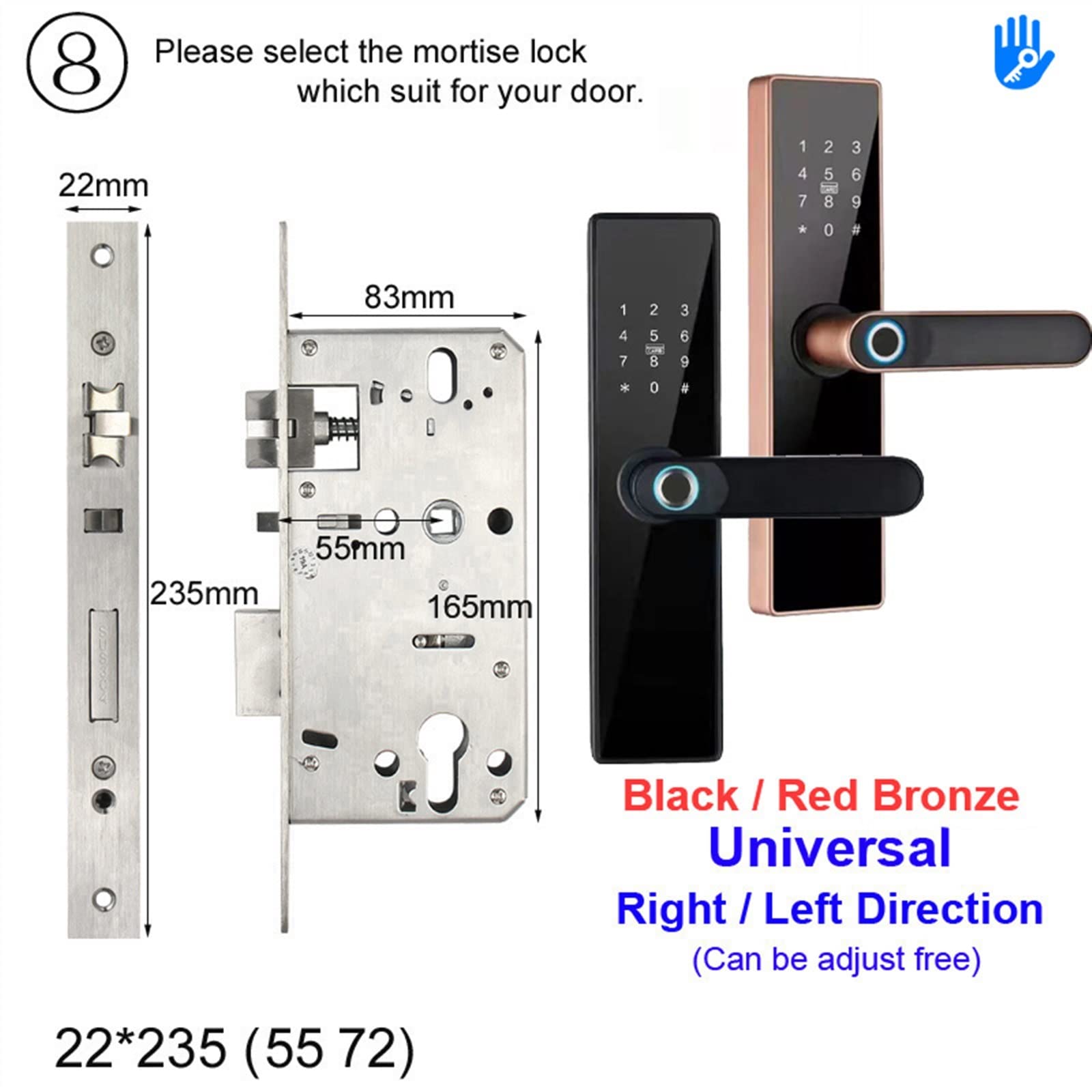 Inteligentny zamek, Blokada TT Zamek elektroniczny Inteligentny zamek do drzwi z użyciem linii papilarnych Hasło Karta elektroniczna Klucz inteligentnego domu(22x235 5572,Nero)