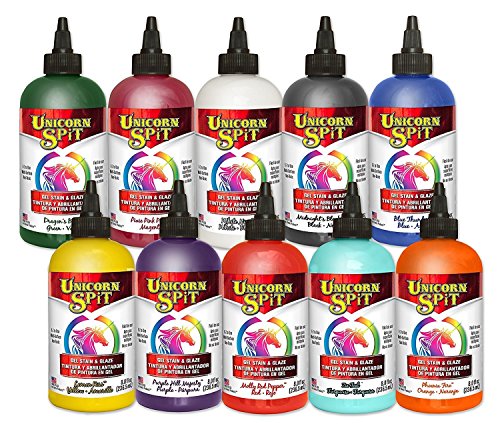 Unicorn SPiT Gel Stain and Glaze for Wood, Glass, Metal, Fabric Art Projects, Set of 10 Water Based Craft Paint with Vibrant Colours, 236ml Bottles