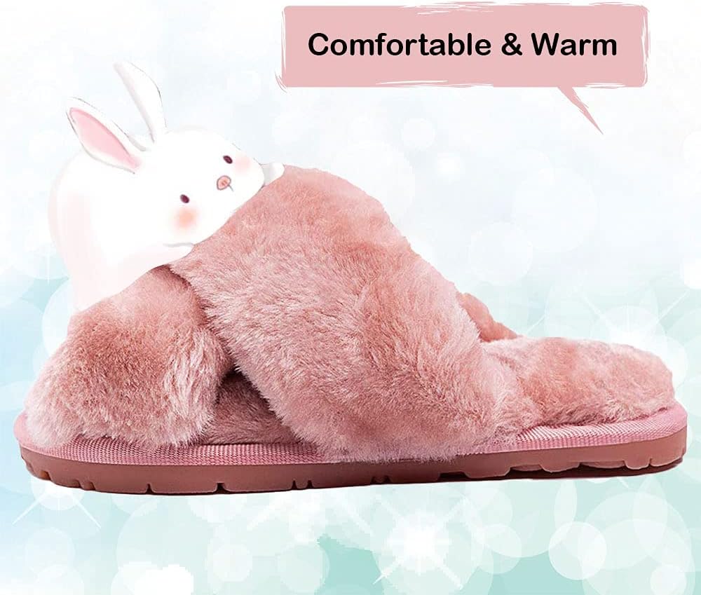 Girls Fluffy Cute Fuzzy Slippers, Open Toe Cross Band