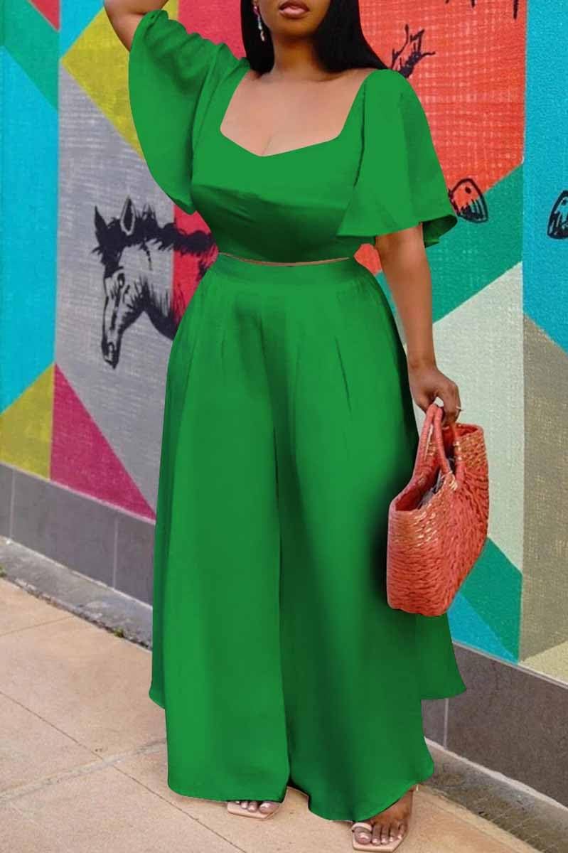 WUSENST Women's Summer 2 Piece Outfits 2025 Ruffle Sleeve Sweetheart Neck Crop Tops Wide Leg Pant Sets Casual Tracksuit - Image 5