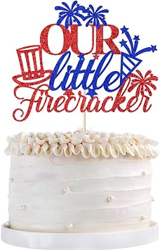 Our Little Firecracker Cake Topper-Blue Red Happy 4th of July American USA Independence Day Cake Decor - Baby Shower 1st /Gender Reveal Pregnancy Announcement 1st Birthday Smash Party Supplies