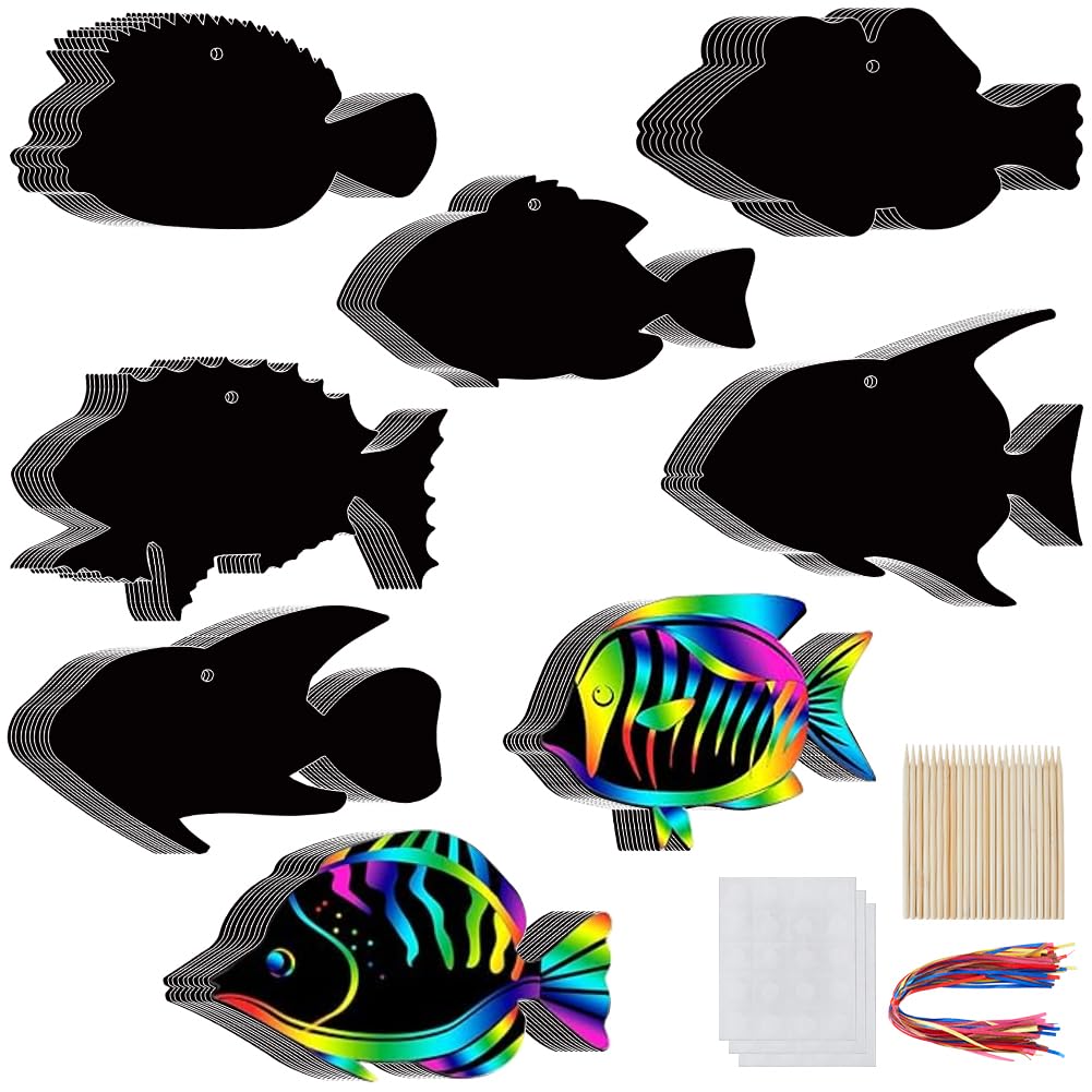 CRASPIRE 80pcs Sea Animals Scratch Paper Tropical Fish Ocean Whales Rainbow Scratch Art Cards Creative Holiday For Fun Party Supplies DIY Crafts Pendant Kit Set With Ribbon Bamboo Sticks