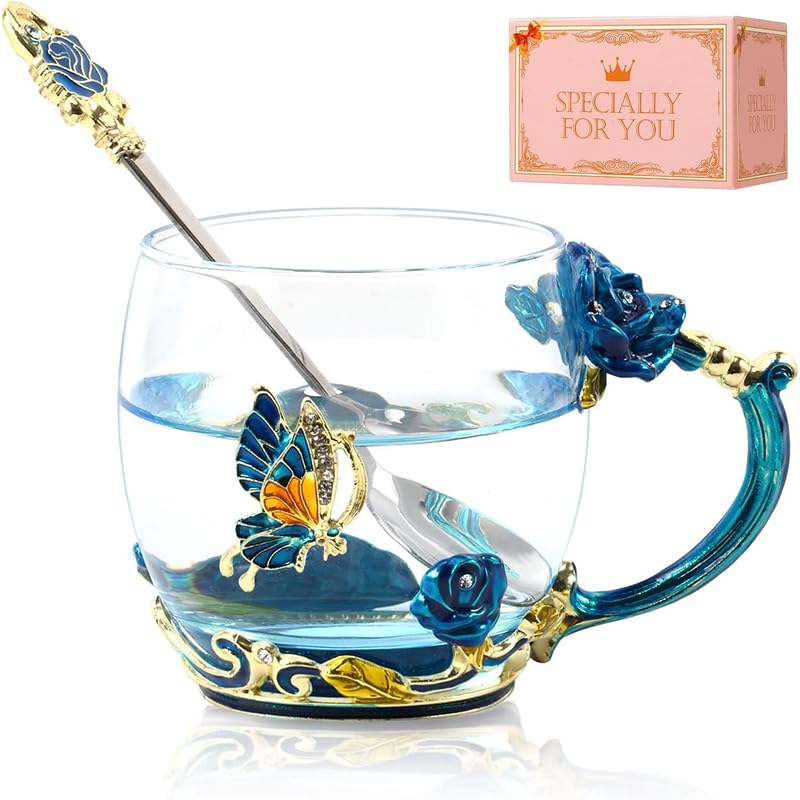 Tea Cup Gifts for Mom Birthday Gift for Women,Glass Coffee Enamels Mug Butterfly Sky Blue Flower Cup Unique Valentines Christmas Mothers Day gift For Mom Women Wife Sister Coworker Female Friend