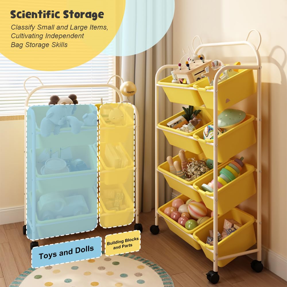 Organizador de Juguetes Infantil con Ruedas, 8 Cajas Amarillas Extraíbles, 4 Niveles, 63x28.5x122.5cm, Diseño de Orejas de Oso, Almacenamiento para Habitación Infantil (4 Tier)