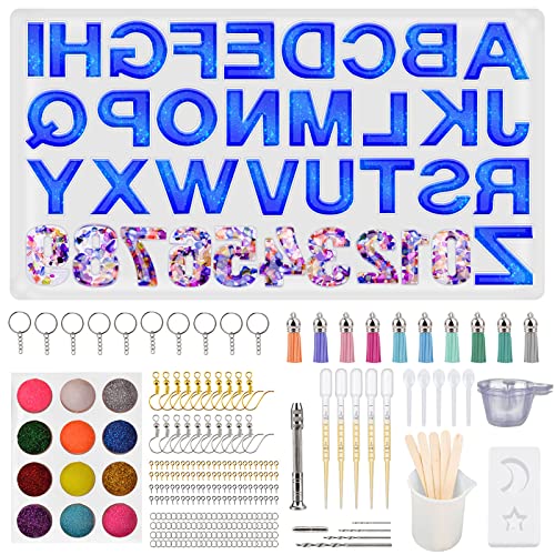 FISHOAKY molde letras resina epoxi, 312 Piezas moldes para resina kit, resina moldes silicona con Número de 12 colores, para Hacer Llavero, Colgante, Joyería, Manualidades Cover