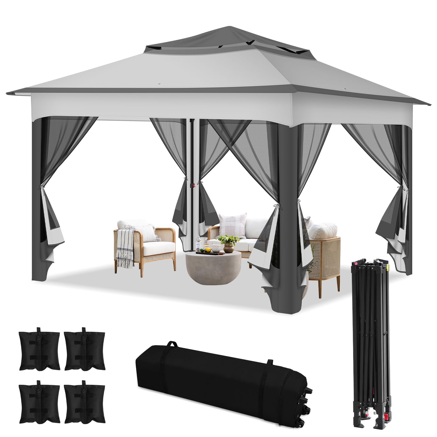 Fiqops Gazebo da giardino, 3 x 3 m, impermeabile, stabile, con telaio in metallo, per 2-4 persone, colore beige
