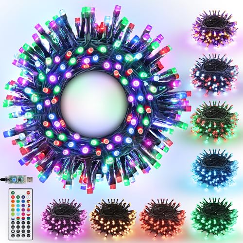 Joomer Guirlande Lumineuse Sapin de Noel, 10M 100LED Extérieur Changement de Couleur Guirlande Lumineuse USB avec Télécommande, RGB Multicolore Noël Décoration Minuterie pour Intérieur Fête