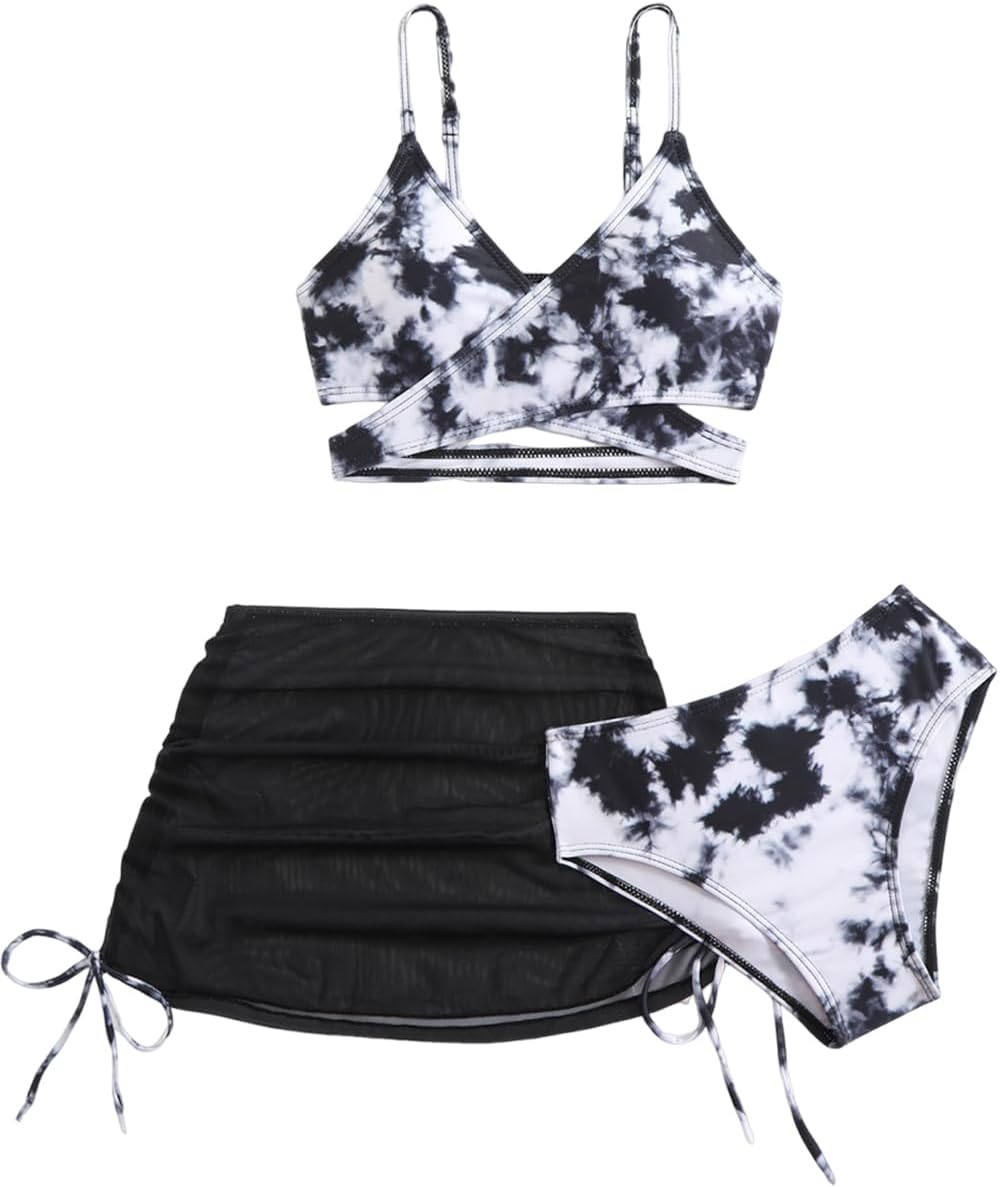 KORADI Girls Swimsuit 3 Pieces V-Neck Bikini Set Printed Cross Front Bathing Suit Drawstring Cover Up Skirt 8-12 Years