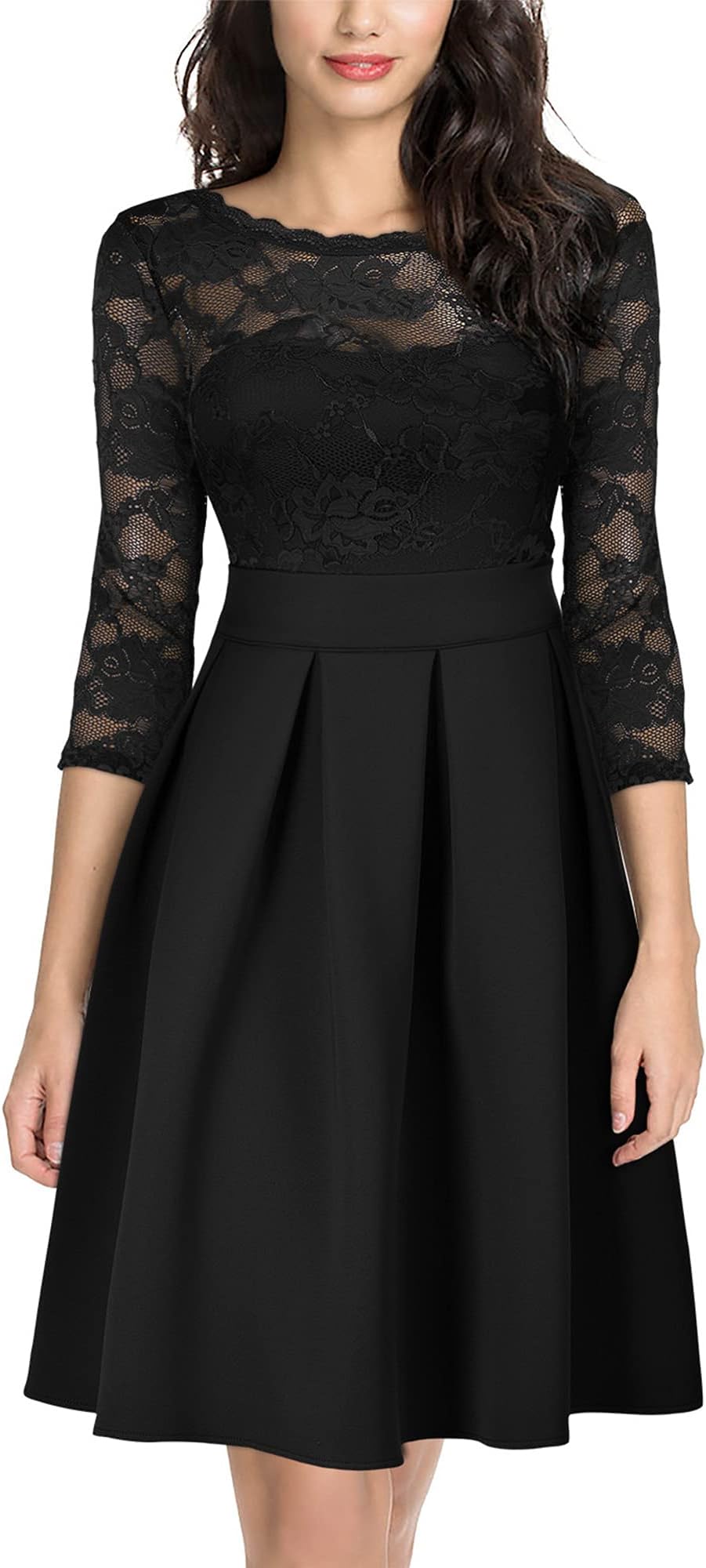 Women's Vintage Floral Lace 2/3 Sleeve Bridesmaid Cocktail Party Dress