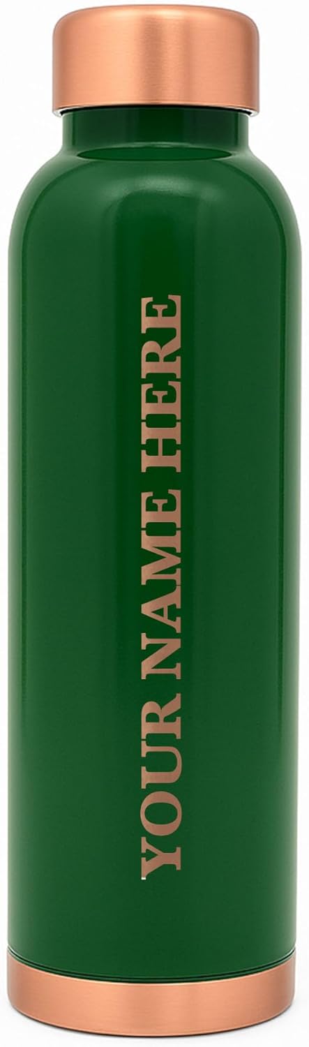Custom Personalized Pure Copper Water Bottle for Drinking with Your Name Engraved | 33 Oz | Smooth Glossy Painted Finish | Copper Plated Lid | Green