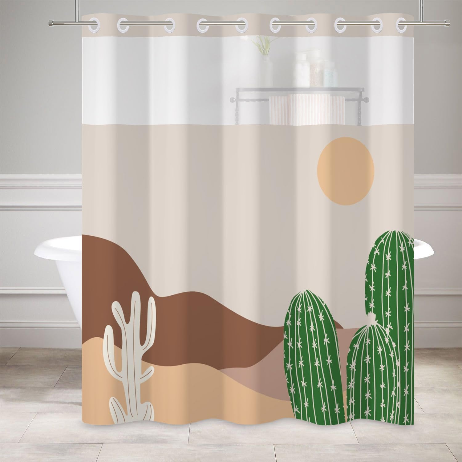 Baocicco No Hook Desert Cactus Shower Curtain with Snap-in Fabric Liner Set for Bathroom Decorative Boho Style Plants Design Hotel Style with See Through Top Window Waterproof Washable 71x74 Inch