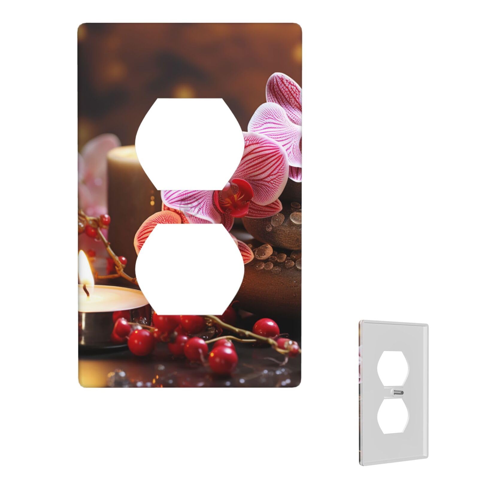 1-Gang Decorator Wall Plate Pink Orchid Stone Red Candles Light Switch Cover Single Gang Receptacle Wall Plate Standard Size 4.5" x 2.76" Wallplate Unbreakable Polycarbonate Outlet Faceplates Cover