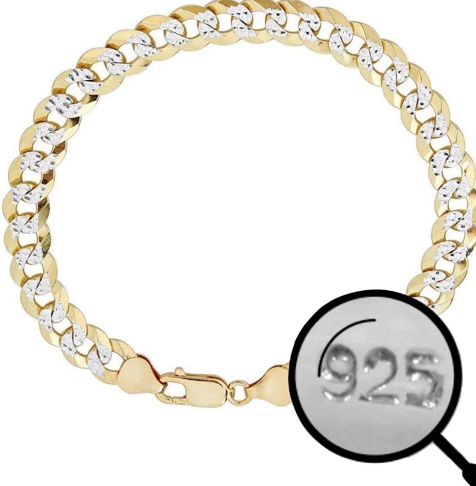 Men's Cuban Link Bracelet 14k Gold Over Solid 925 Sterling Silver Bracelet - 8.5" 8mm - Two Tone Diamond Cut Pave