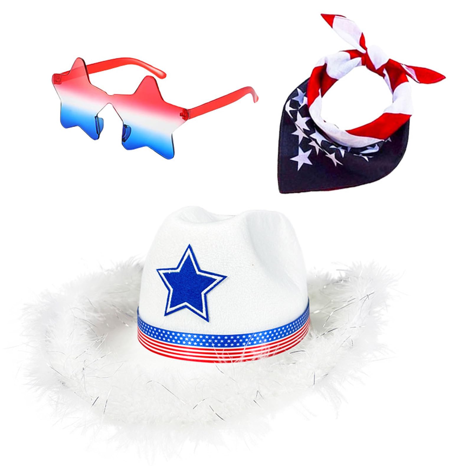 [Avejjbaey] 3PCS American Flag Costume 4th of July Costume Patriotic Independence Day Costume Star Sunglasses USUS Flag Cowboy Caps Costume Accessories