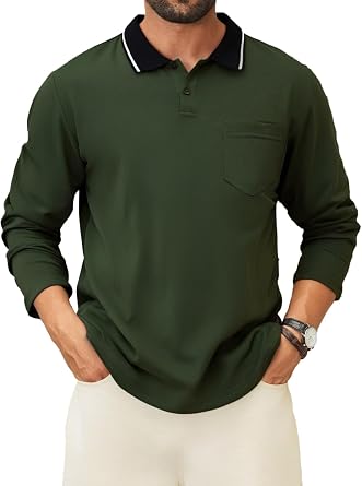 Mens Polo Shirts Long Sleeve Cotton Fashion Polos Tee Shirt Classic Basic Work Collared Shirt with Pocket