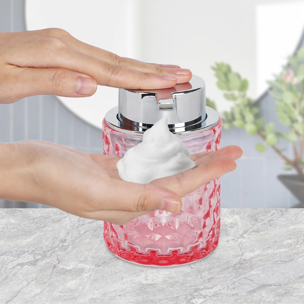 Bathroom Accessories Set, 3pcs Pink Glass Bathroom Accessory Set,Toothbrush Holder, Foaming Soap Dispenser and Tumbler, Silver Bathroom Decor Sets for Organizer, Home Apartment Gift