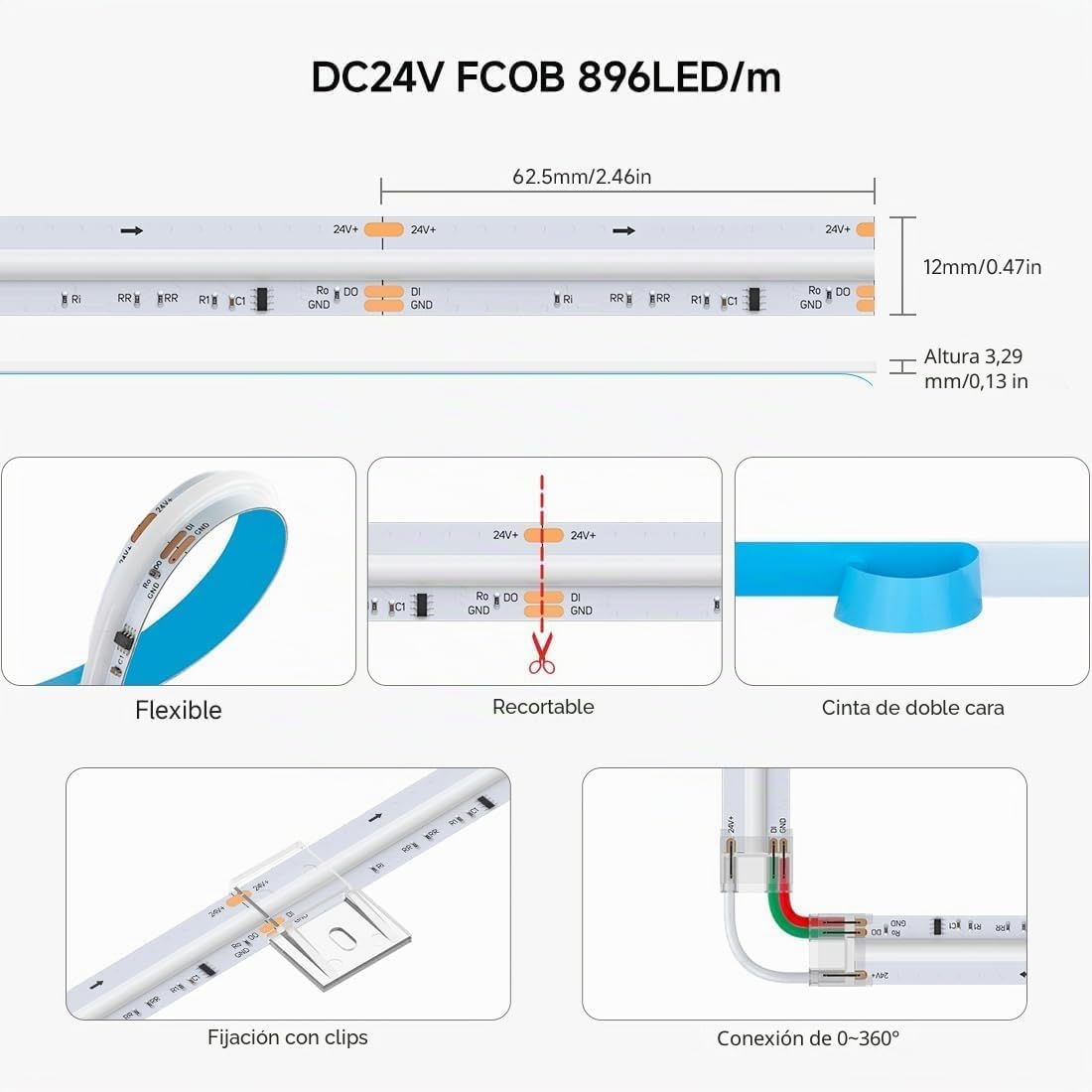 BTF-LIGHTING FCOB SPI RGBWW(3000K) Tira Flexible de Alta Densidad de Luz LED COB IC LED Tape 5M 896LEDs/m DC24V Blanco PCB IP30 NO Impermeable Color Chasing(Sin Controlador y Fuente de Alimentación) | Cinta LED flexible de alta densidad DC24V PCB IP30 no