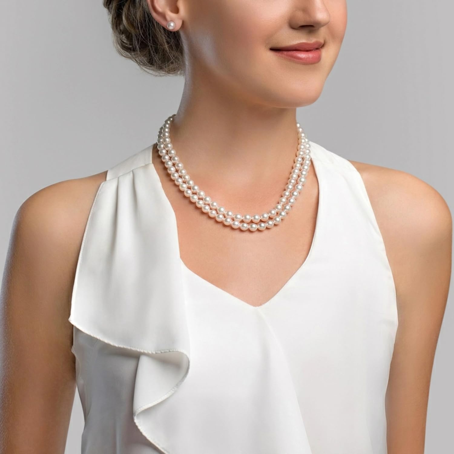 The Pearl Source 14K Gold Round White Freshwater Cultured Pearl Double Strand Necklace, Bracelet & Earrings Set in 16" Choker Length for Women