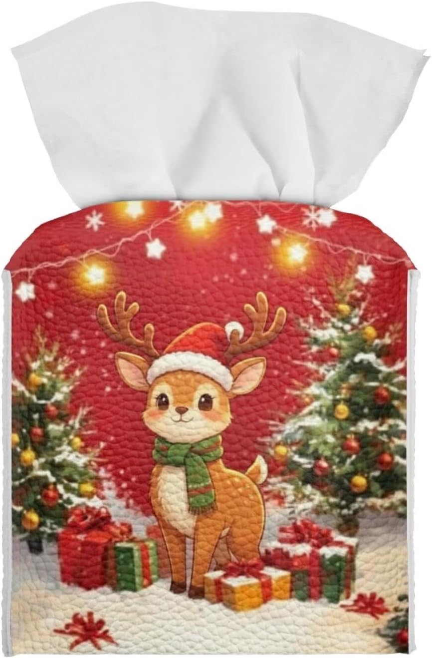Christmas Reindeer Tissue Box Cover Square Tissue Box Cover Red Tissue Holder 5x5 x 5 mas Home Decoration Accessories for Desk Bathroom Vanity Countertop