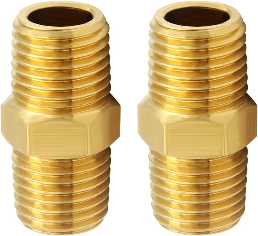 2 Pcs Brass Pipe fittings, 3/4" x 3/4" NPT Male Hex Nipple adapter coupler
