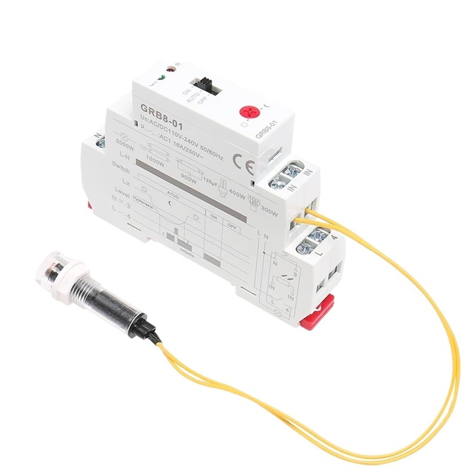 Interruptor crepuscular fotoeléctrico GRB8-01/02 for riel DIN, relé con sensor de luz, encendido y apagado automático, CA 110 V-240 V | GRB8-02 AC110-240V