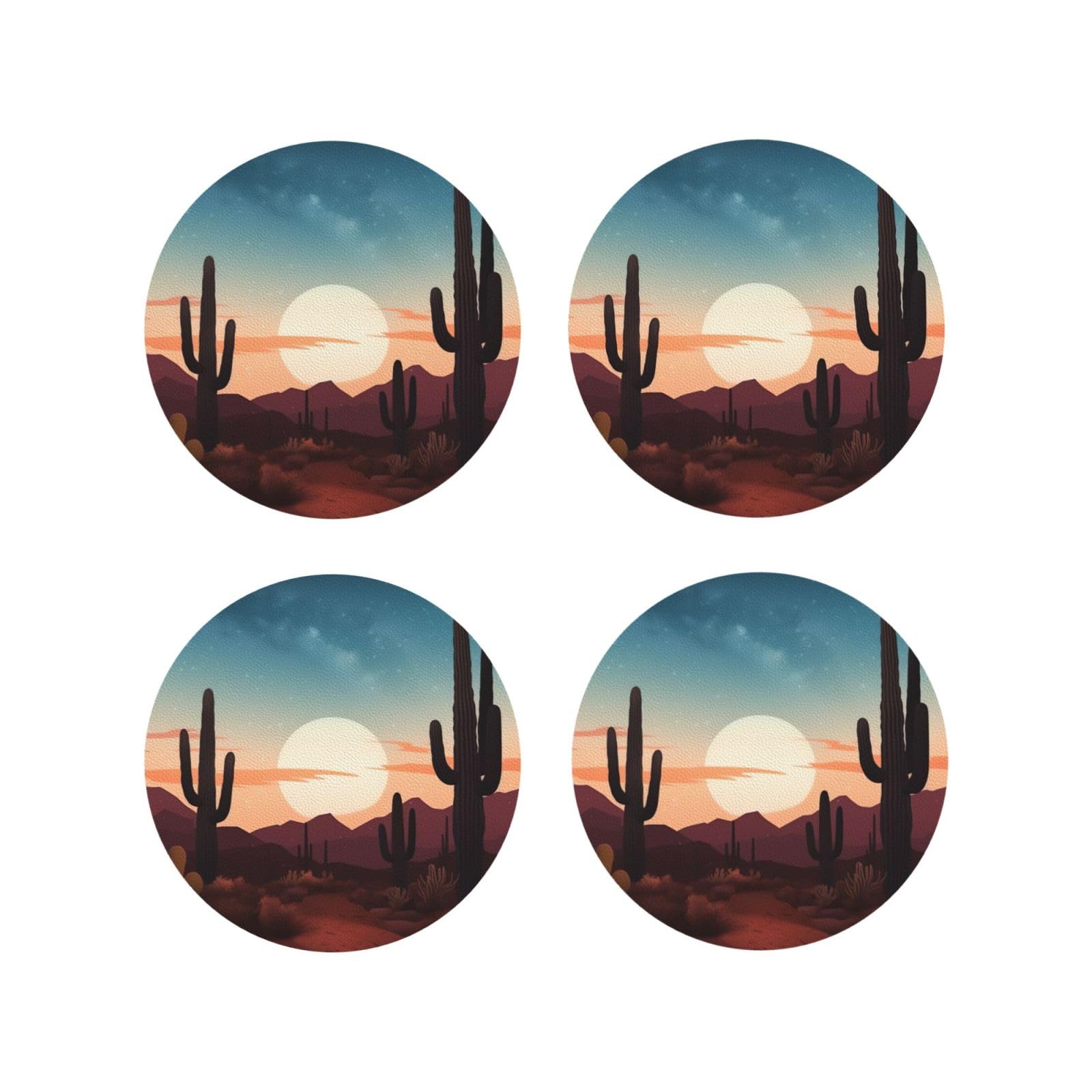4Pcs PU Leather Coaster for Drinks, Desert with Cactus Cup Coastersr 4" Cup Mat Pad, Aesthetic Drink Coasters for Coffee Table, Round Shape Coaster for Tabletop Protection