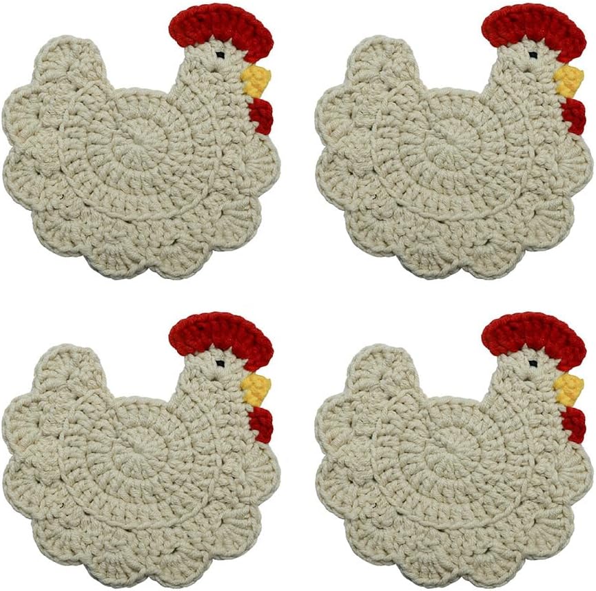 WAIT FLY Handmade Crochet Coasters Cute Chicken Drink Coaster Set for Coffee Table Tabletop Protection Home Decor