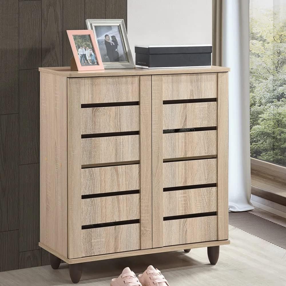 Danube Home Ricky 14-Pair Shoe Cabinet | 2-Door Wooden Shoe Organiser | 4-Tier Shoe Rack | Modern Design Furniture for Entryway, Hallway, Living Room | Made in Malaysia (L75xW32xH86 cm) - Natural Oak