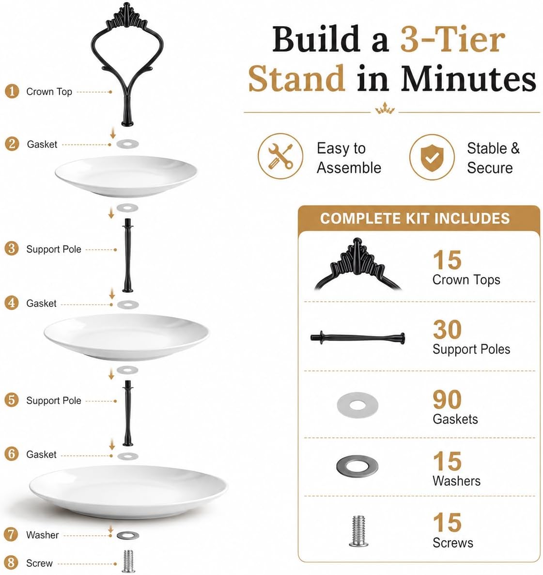 15 Pcs Tiered Tray Hardware Kit Crown Handle Zinc Alloy Black 3-Tier | Black finish for farmhouse and modern trays; complete rods washers screws for repeat cake stand builds