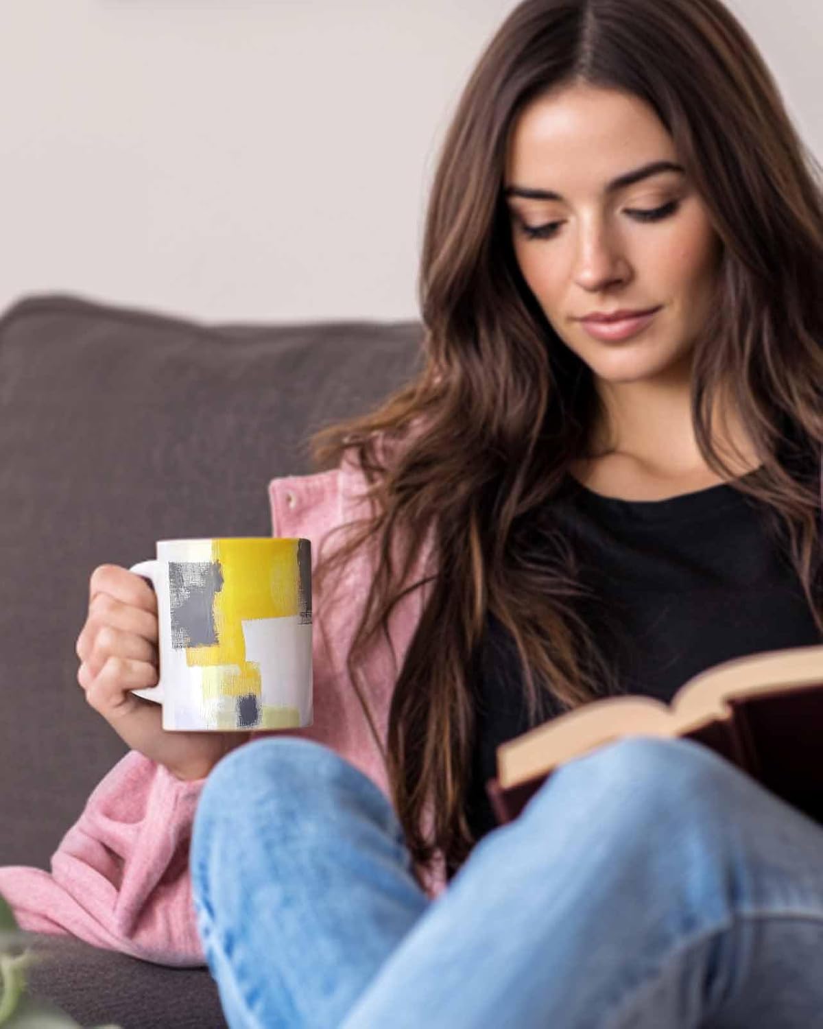 BEMIGO Ceramic Coffee Mug Abstract Ceramic Mug White Cup, Yellow Smear Insulated Coffee Cup with Handle with Pattern Perfect for Tea and Hot Beverages, 12oz