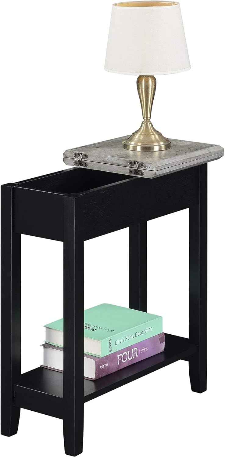Convenience Concepts American Heritage Flip Top End Table 23.25" - Classic Narrow Chairside Accent with Hidden Storage & Lower Shelf for Traditional, Modern Living Room, Faux Birch/Black
