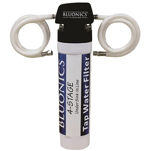 Bluonics Under Sink - Sistema purificador BLUONICS de filtro de agua en línea directo en línea de 4 etapas para arena, óxido, suciedad, cloro y