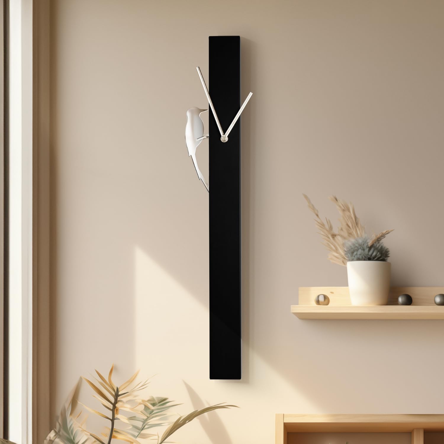 Torre & Tagus 25" Modern Pendulum Wall Clock with Woodpecker Motion - Tall Black Bird Clock Lightweight Aluminum Frame, Minimalist Design & Slim Profile for Narrow Walls (Black w/Silver Hands)
