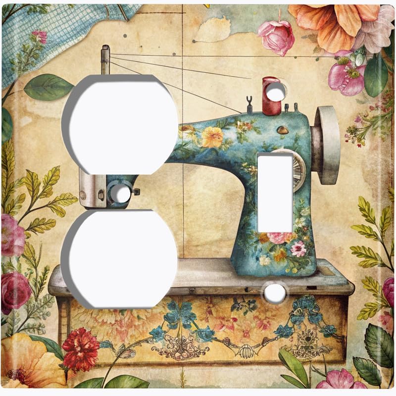 Metal Light Switch Plate Cover; Standard Size 4 Gang Toggle - Vintage Sewing Machine FWR280