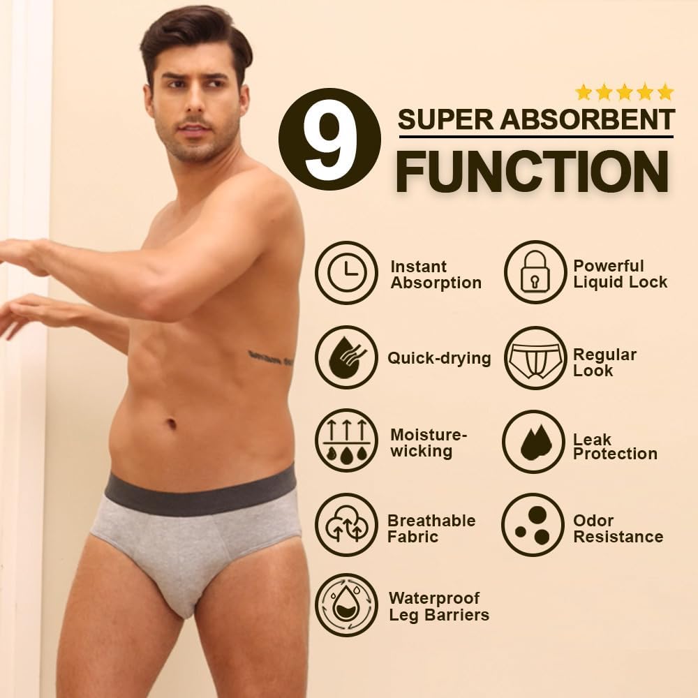 BATTEWA Men’s Incontinence Underwear Washable Leak Proof Incontinence Underwear for Men Reusable Urine Absorbent Brief (Large,3Gray,3 Pack) - Image 3