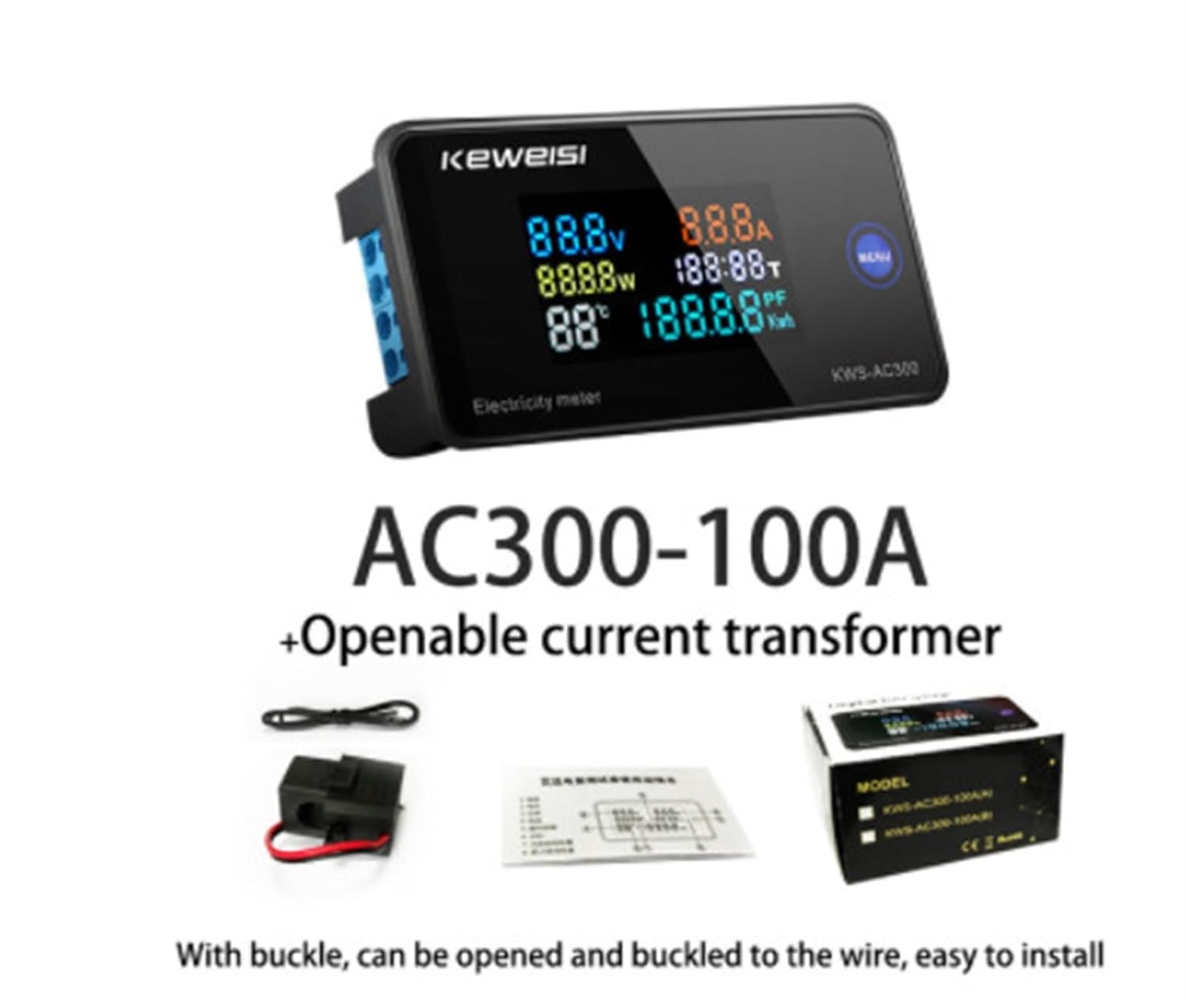 KWS-AC300 Voltage Tester Voltmeter AC 50-300V Power Energy Meter LED Wattmeter Electric Meter with Reset Function 0-100A(AC300 100A)