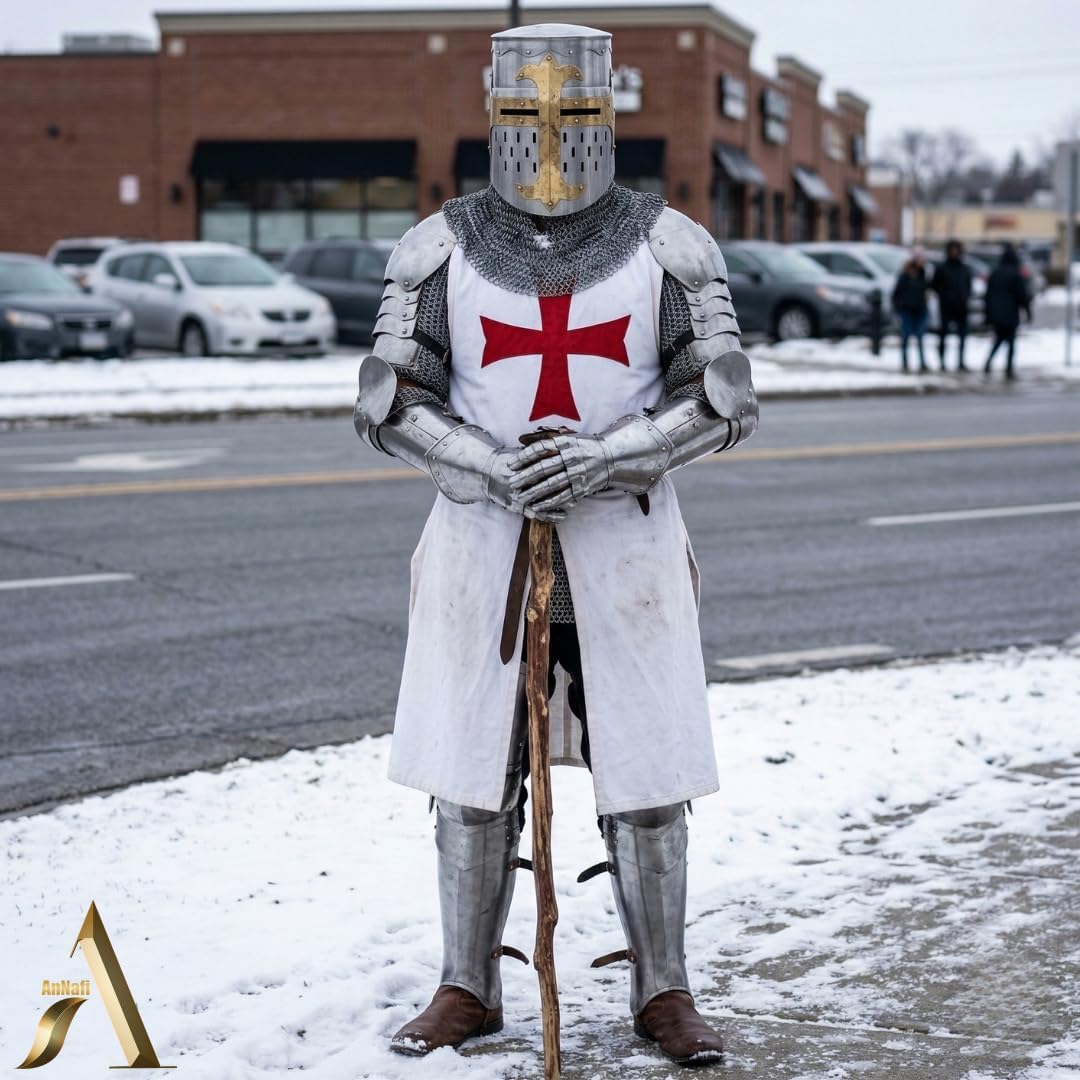 AnNafi Medieval Templar Crusader Knight Armor Helmet | Greek Roman Spartan Armour | Silver Gold Antique Helm A+ | Wearable Free-Size for Adult Costumes