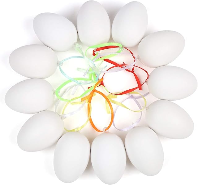 LOKIPA 24pcs Plastic Easter Eggs,6cm White Plastic Eggs Hanging Ornament for Easter Decorations, Kids DIY Painting Crafts